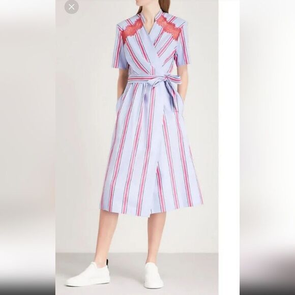 SANDRO Paris Mellow Stripe Blue Red Wrap Midi Shirt Dress Lace Inserts Size S - Picture 2 of 15